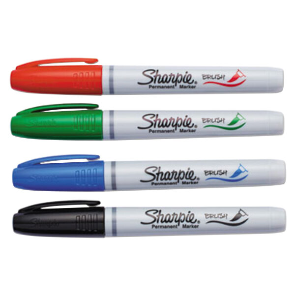A Sharpie permanent marker set with brush tips in assorted colors.