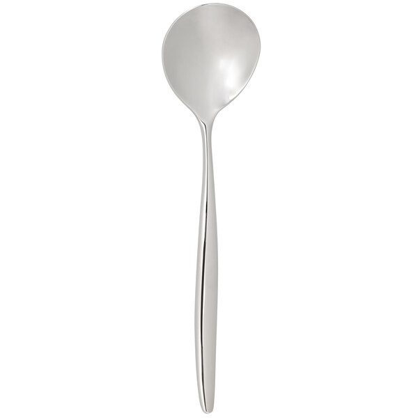 A Chef & Sommelier stainless steel soup spoon with a long silver handle on a white background.