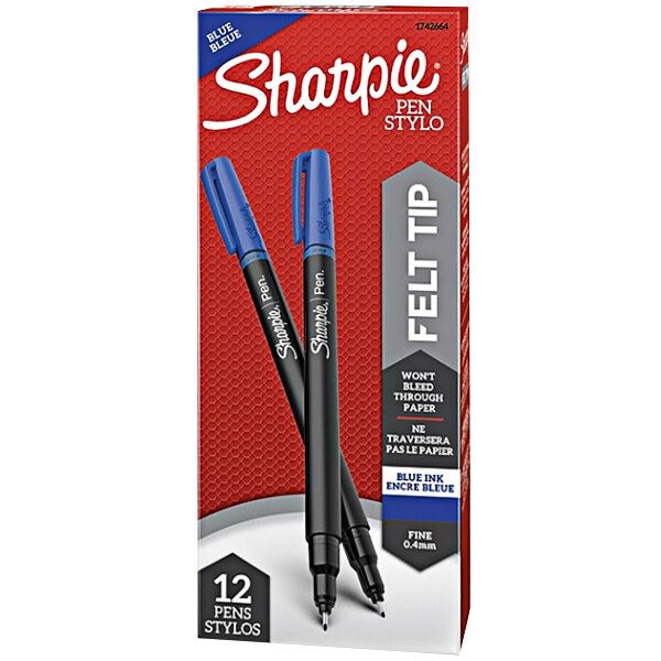 A box of 12 Sharpie blue plastic point stick pens with black barrels.
