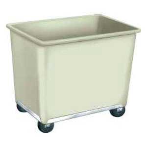 A white plastic container with wheels.