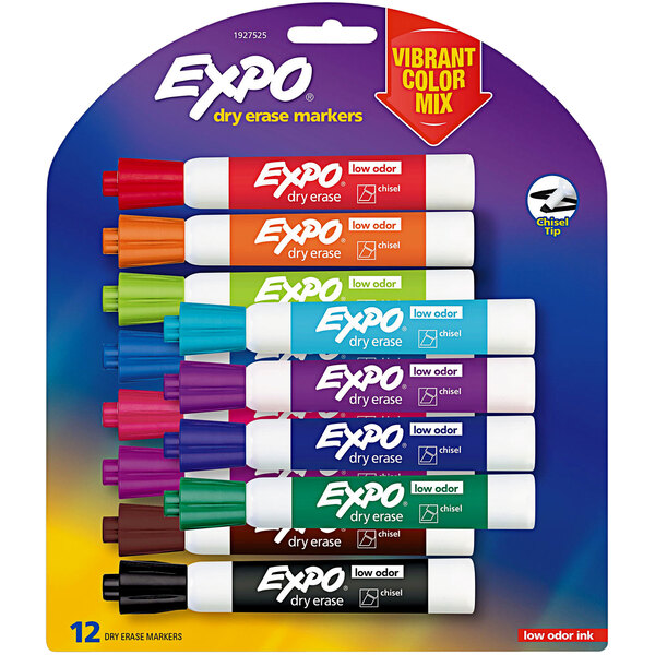 A purple box of Expo dry erase markers with a white label reading "Vibrant Assorted Colors Low-Odor Dry Erase Marker - 12/Set"