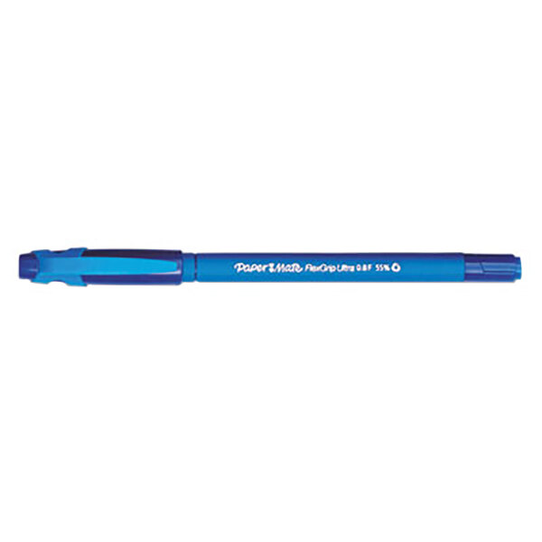A blue Paper Mate FlexGrip Ultra ballpoint pen with white writing on it.