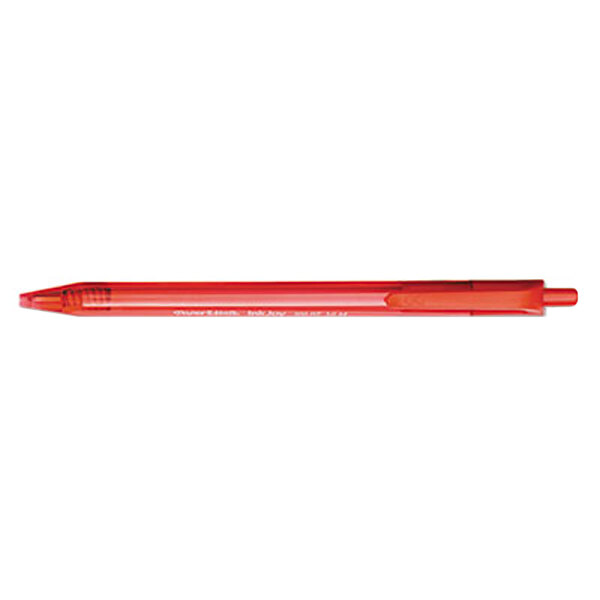 A red Paper Mate InkJoy pen with a black tip on a white background.