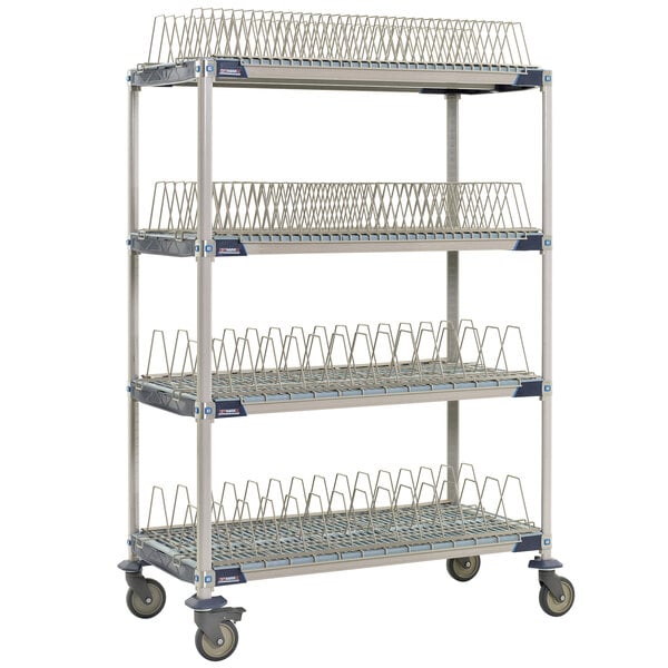 A MetroMax metal rack shelf kit with wire racks on wheels.