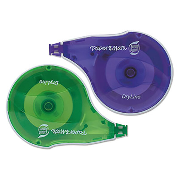 Two green and purple Paper Mate Liquid Paper tape dispensers.
