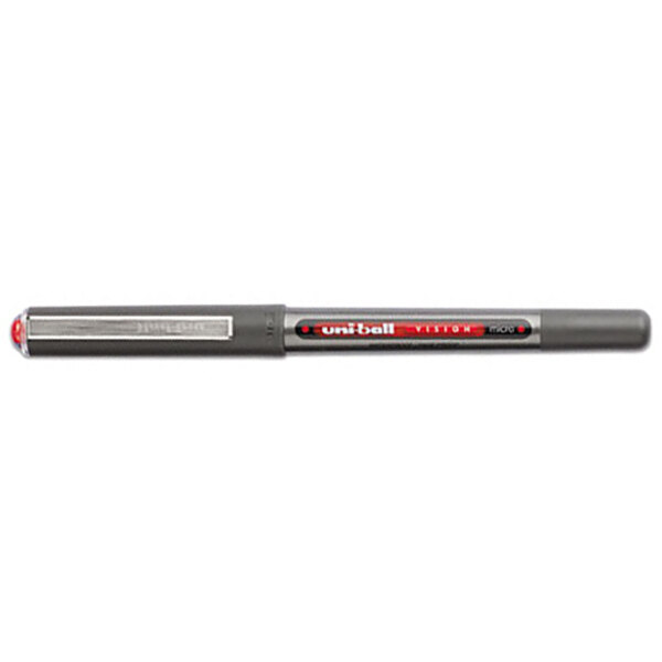 The gray and red Uni-Ball Vision roller ball pen with red ink and a black tip.