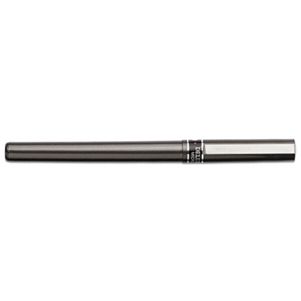 A Uni-Ball roller ball pen with a metallic gray barrel and silver trim.