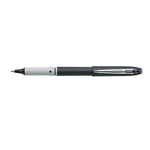 A close-up of a Uni-Ball black pen with silver accents.
