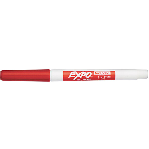 A red Expo fine point dry erase marker with the word expo on it.