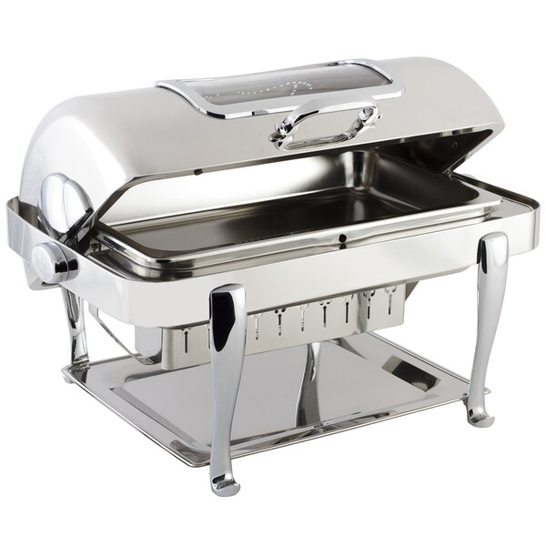 A silver rectangular Bon Chef chafer with a lid.