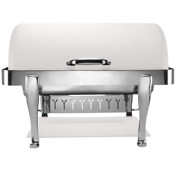 A white rectangular Bon Chef roll top chafer with chrome accents.