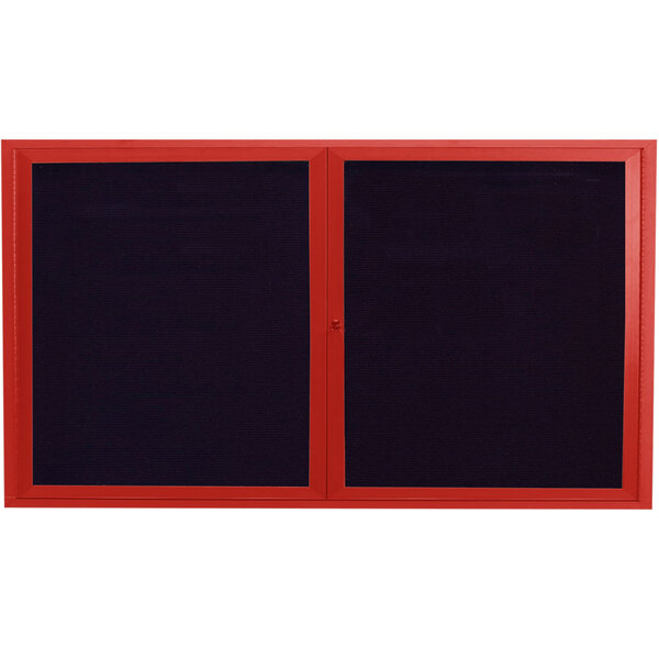 A red rectangular aluminum message center with black board panels and a red frame.