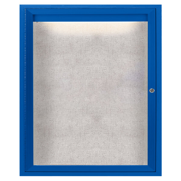 A blue framed cabinet with a white cloth surface.