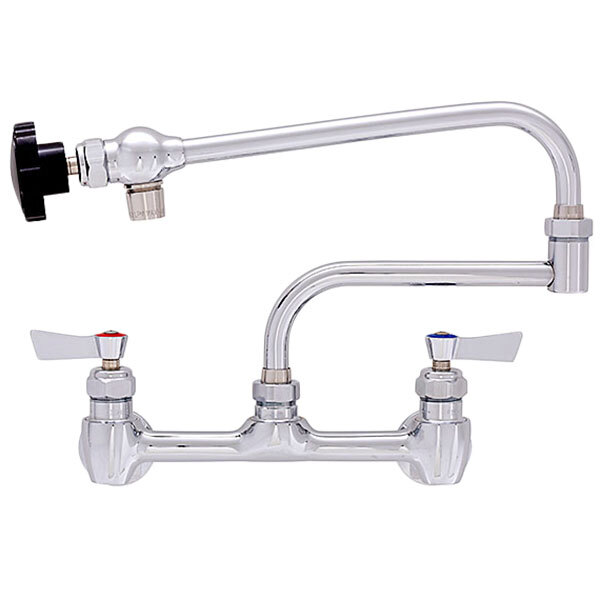 A Fisher chrome pot filler faucet with two lever handles and a double-jointed control spout.