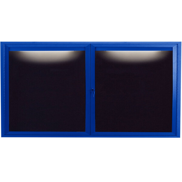 An Aarco blue aluminum indoor lighted message center with black letter board behind two blue doors.