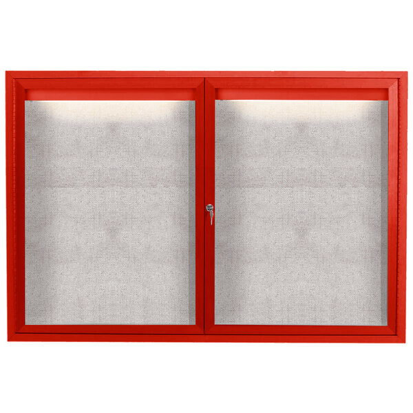 A red Aarco outdoor bulletin board cabinet with two white windows.