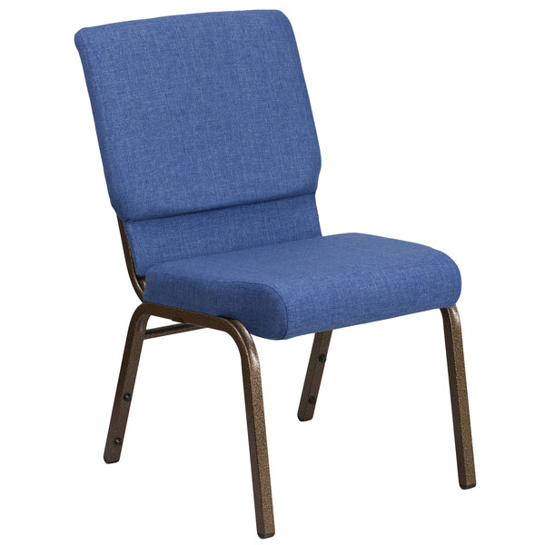A blue Flash Furniture church chair with metal legs.