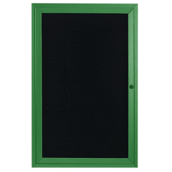 An Aarco enclosed hinged message center with a green aluminum frame and black letter board.