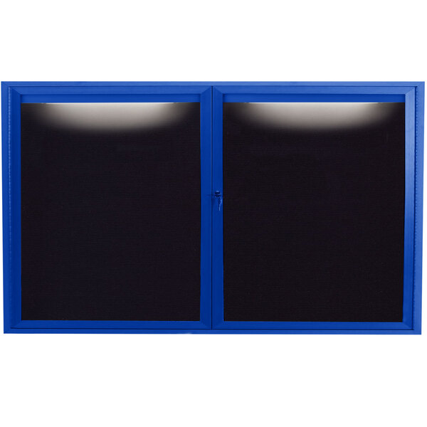 A blue aluminum bulletin board with black letter board doors.