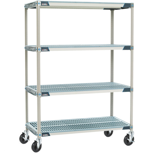 A MetroMax metal shelving cart with rubber casters.