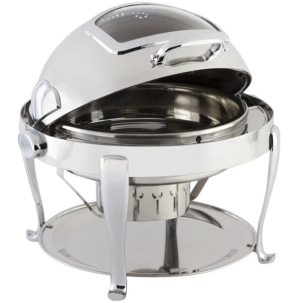 A Bon Chef stainless steel round chafer with a roll top lid.