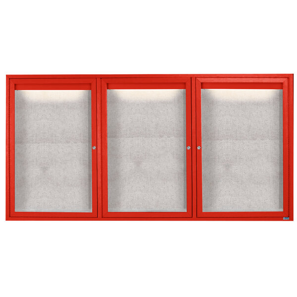 A red cabinet with white glass doors.