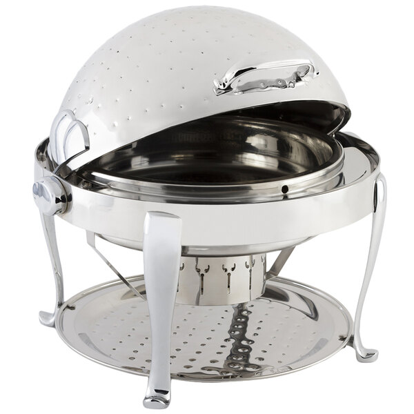 A silver round Bon Chef chafing dish with a lid.