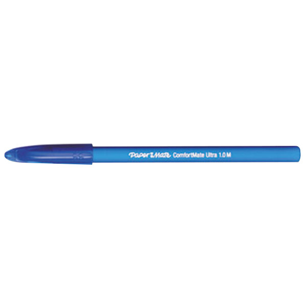 A blue Paper Mate ComfortMate pen with blue ink on a white background.