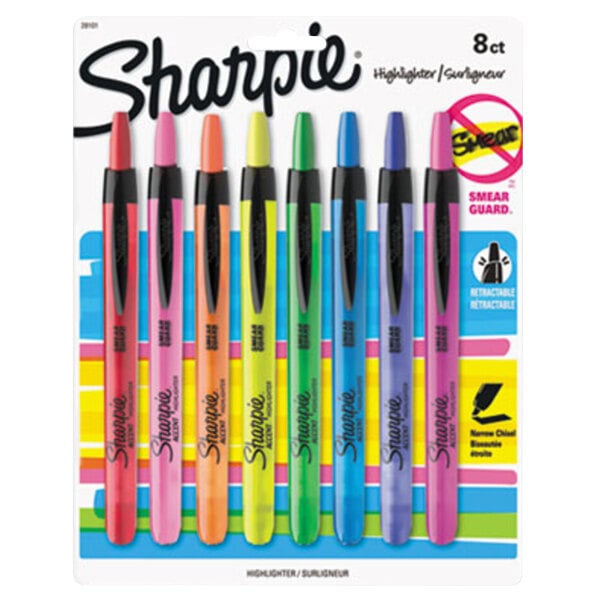 A package of Sharpie 8-color chisel tip highlighters with white packaging.