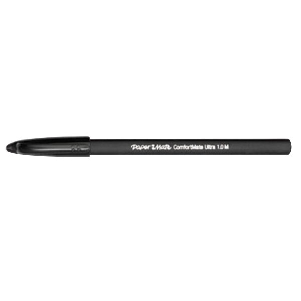 A Paper Mate ComfortMate black pen with black ink and black barrel.