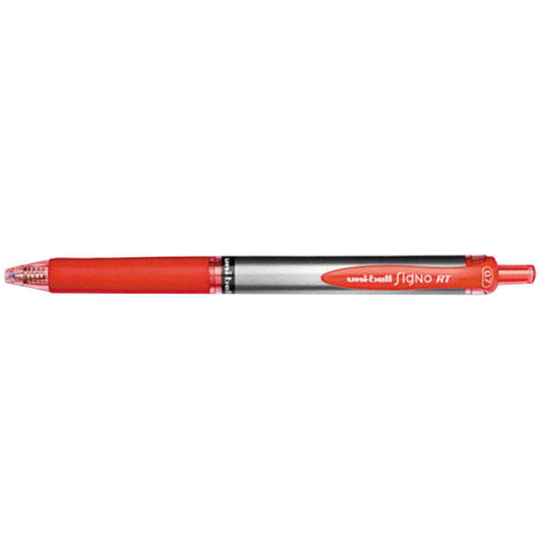 A red Uni-Ball Signo Gel pen with a silver tip.