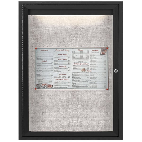 A menu board with a black frame.