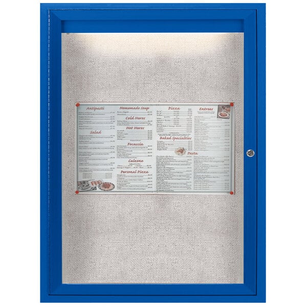 An Aarco blue outdoor bulletin board with a blue frame enclosing a menu.