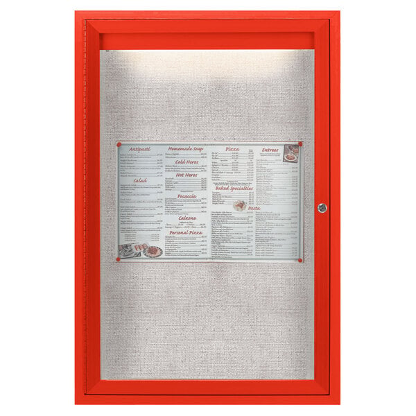 A red framed Aarco outdoor bulletin board with a menu inside.