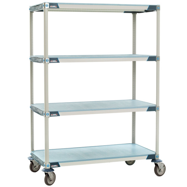 A MetroMax metal shelf cart with blue shelves and wheels.