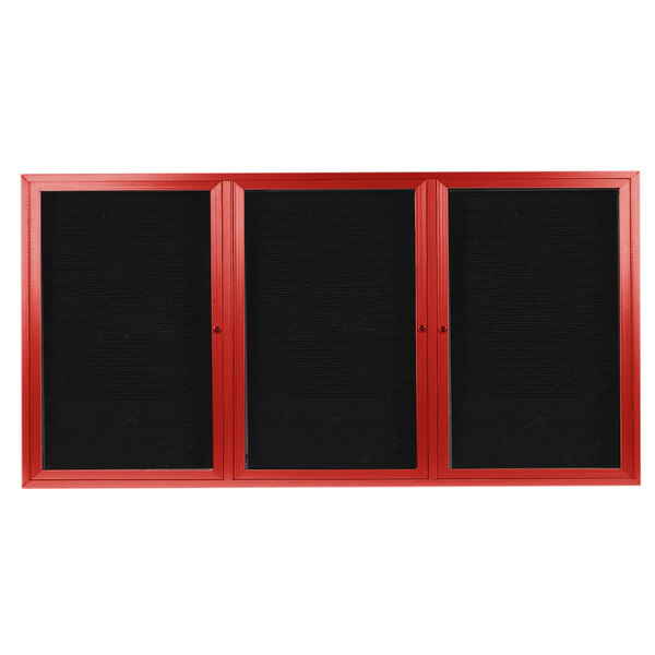 A red rectangular Aarco message center with black letter boards on three doors.