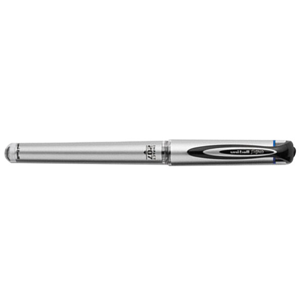 A close-up of a Uni-Ball 207 Impact pen with a silver and black barrel.