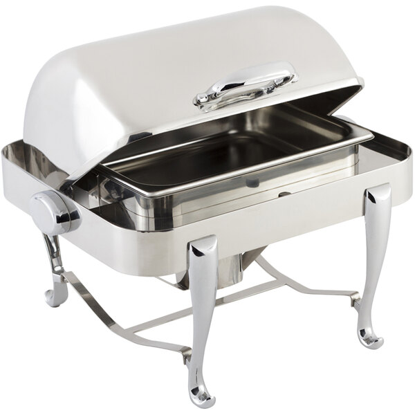 A Bon Chef Roman Sleek stainless steel chafer with chrome accents and a lid on a tray.