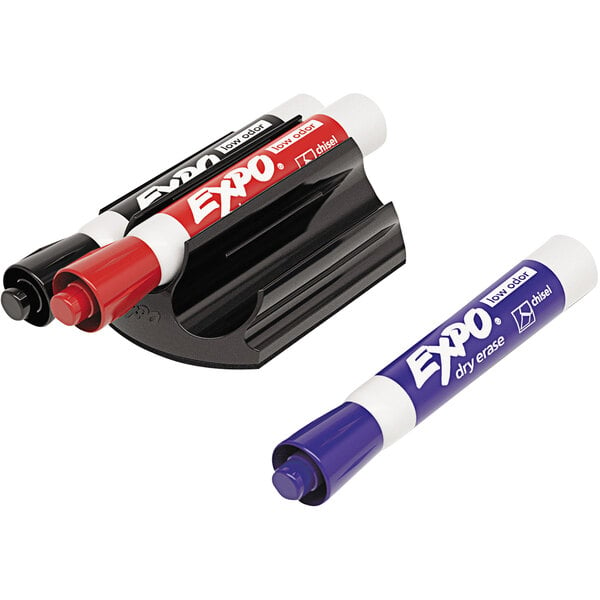 A set of three Expo dry erase markers with a magnetic clip eraser.