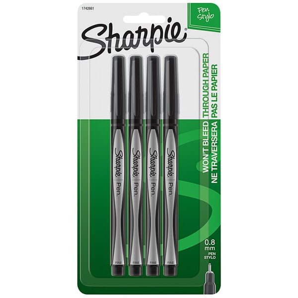 Sharpie 1742661 Black Ink with Gray / Black Barrel Fine Point Water Resistant Plastic Point Stick Pen - 4/Pack
