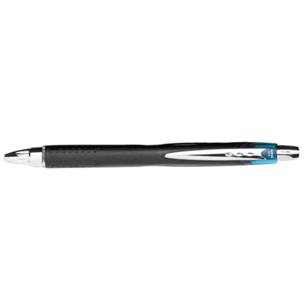 A black and silver Uni-Ball Jetstream pen with blue ink.