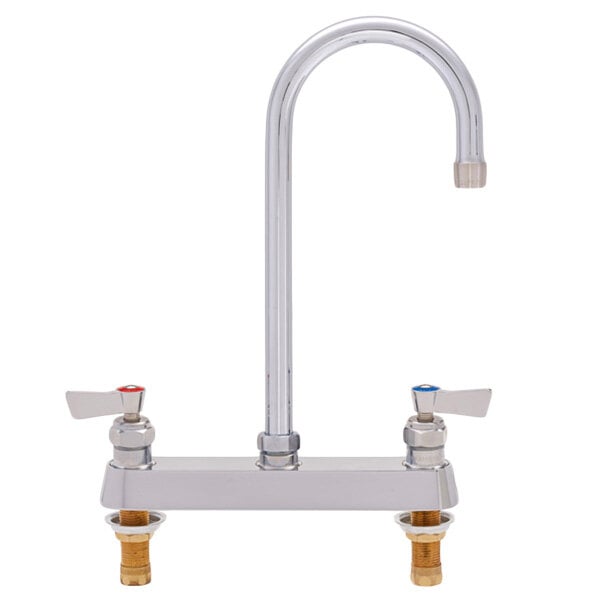 A silver Fisher deck-mounted faucet with two lever handles.