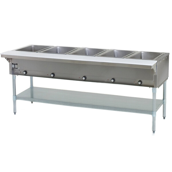 An Eagle Group stainless steel liquid propane steam table with five open wells.