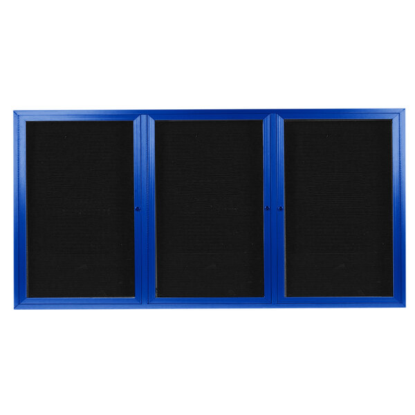 A blue Aarco message center with black trim and three doors.