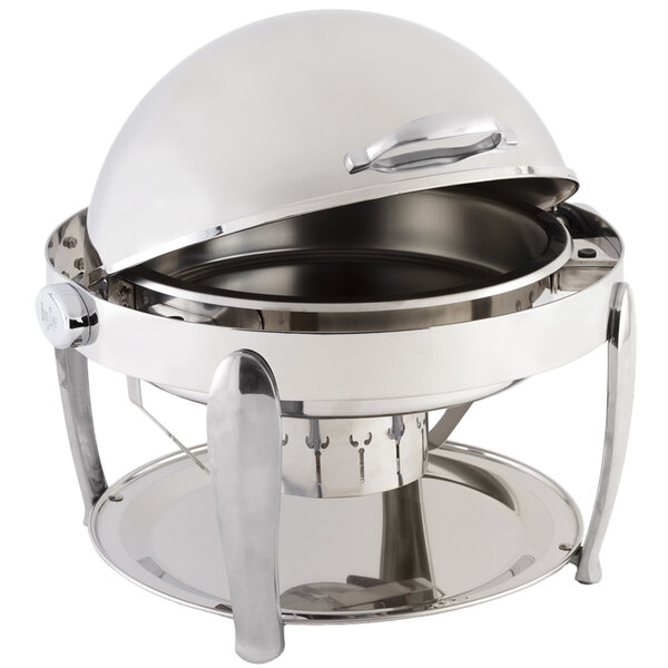 A silver Bon Chef round stainless steel chafer with a vented lid.