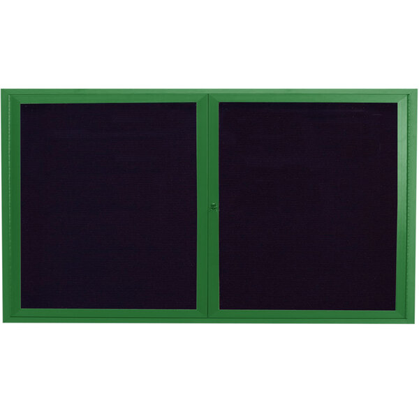 A green rectangular Aarco message center with black letter board.