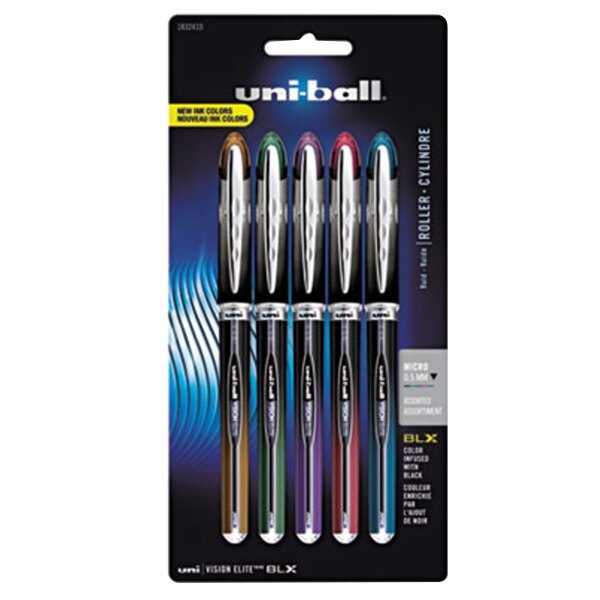 A package of 5 Uni-Ball Vision Elite BLX roller ball pens with assorted ink and barrel colors.
