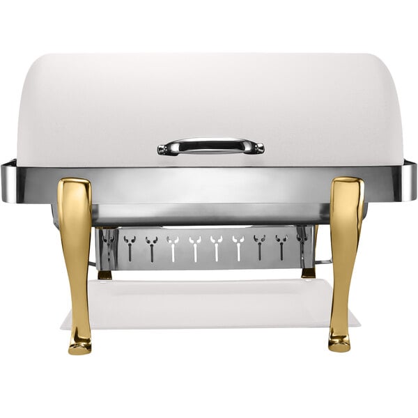 A white and gold Bon Chef rectangle roll top chafer with brass accents.