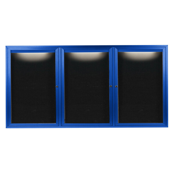 A blue Aarco enclosed bulletin board cabinet with black trim and 3 black doors.