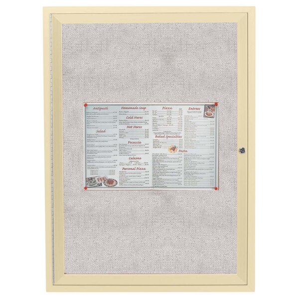 An ivory Aarco outdoor bulletin board with a white frame enclosing a menu with a price list.